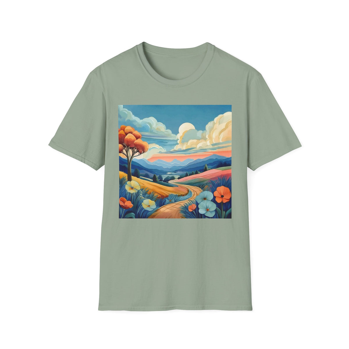 Colorful Mountain Landscape Graphic Posters, Post Stamps Design Unisex 100 Cotton Gildan T-Shirt