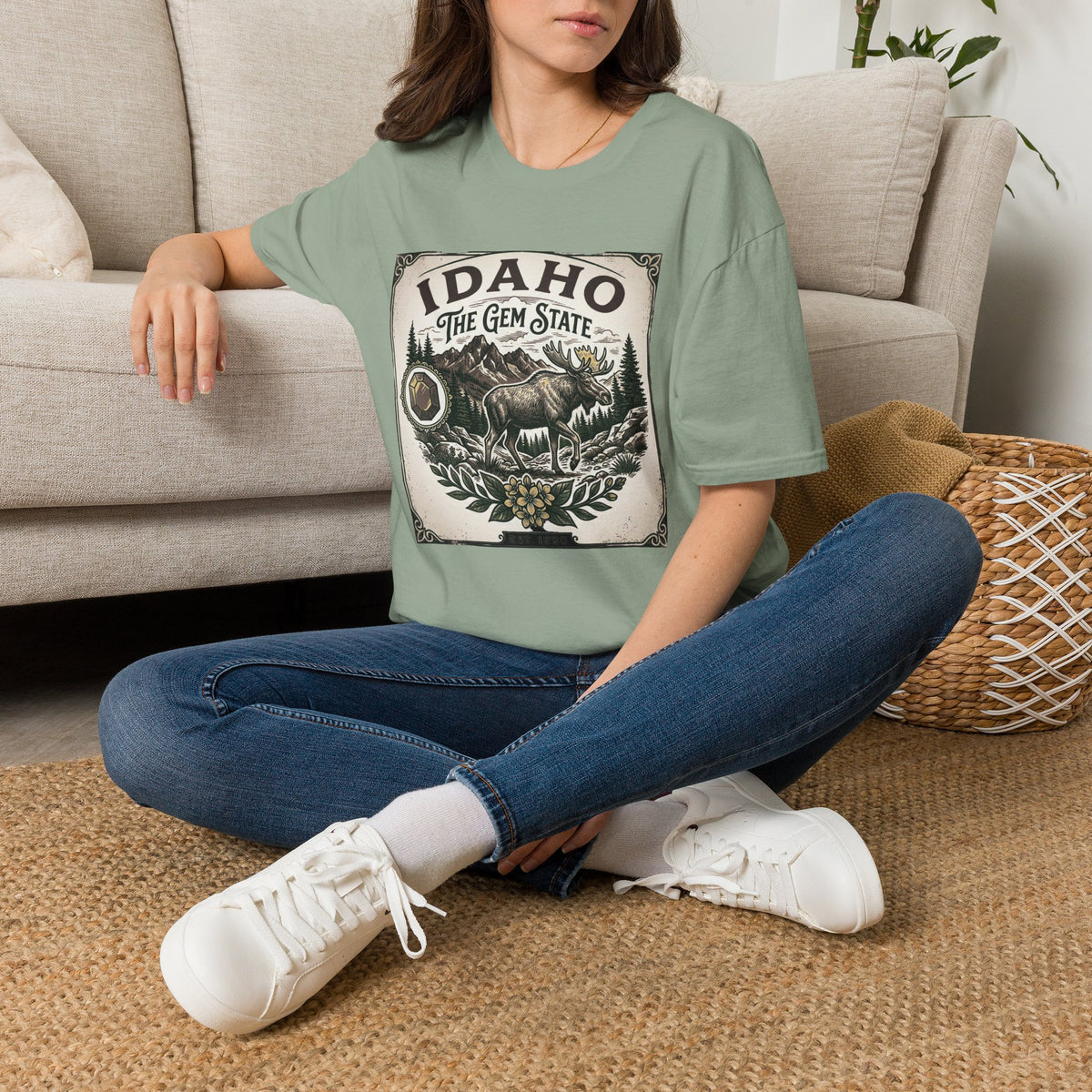 Idaho The Gem State Vintage Moose Travel Tourist Graphic Design Unisex 100 Cotton Gildan T-Shirt