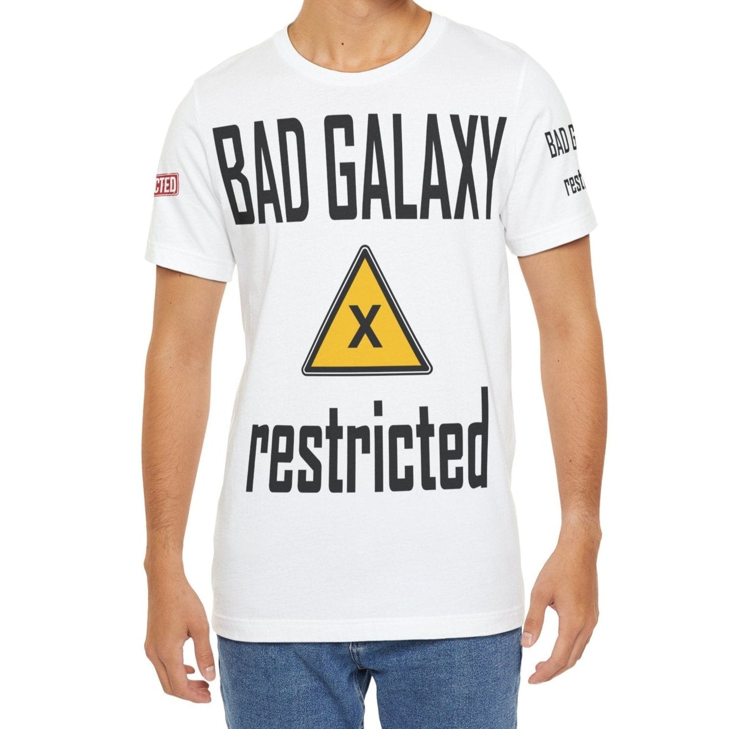 Tee Shirt With Red Stamp From Bad Galaxy Eco Friendly 100 Percent Cotton Printed In USA