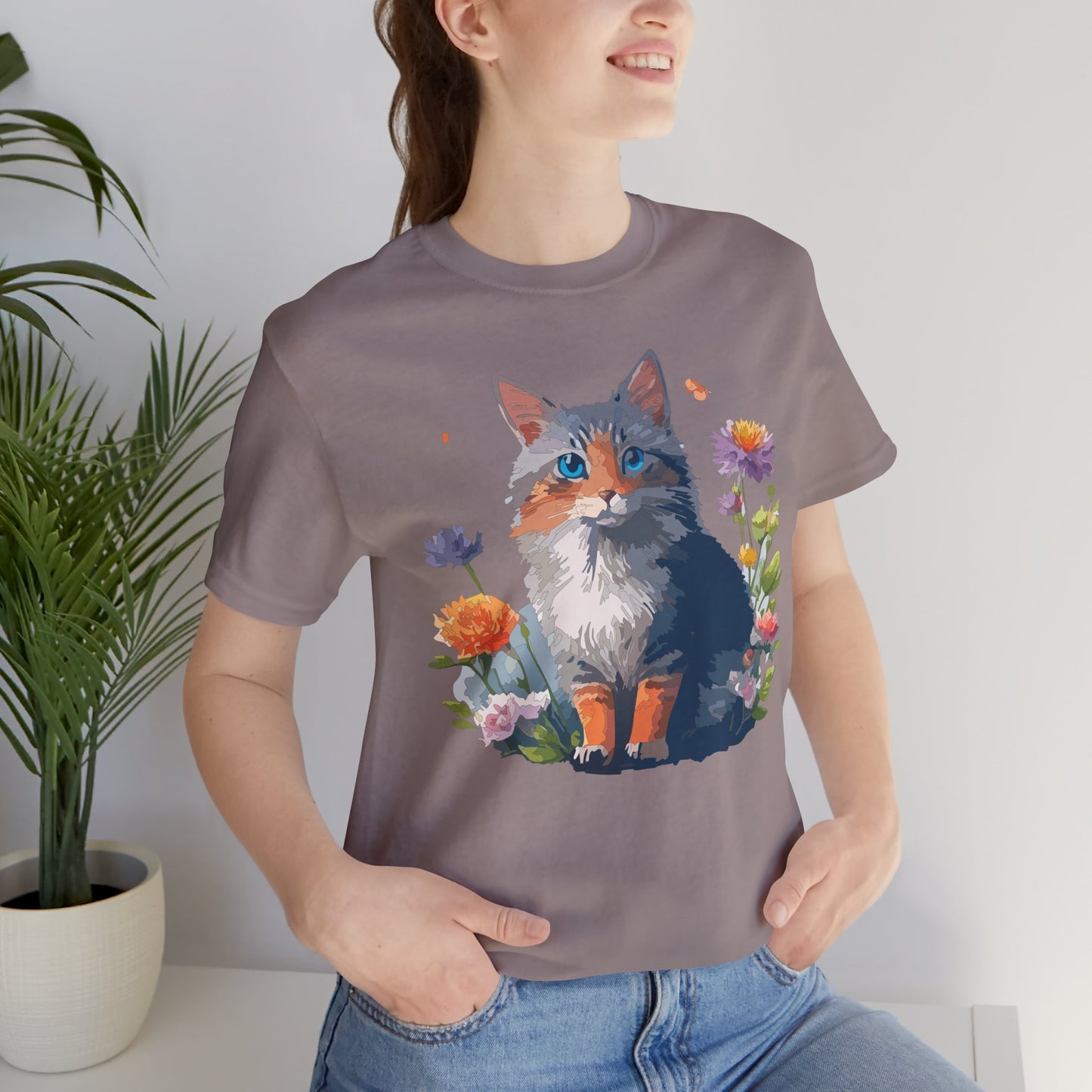 Floral Cat Tee, Animal Shirt, Cat Shirt, Floral Tee, Flower T-shirt, T-Shirt with Animal, Summer Top with Art Design