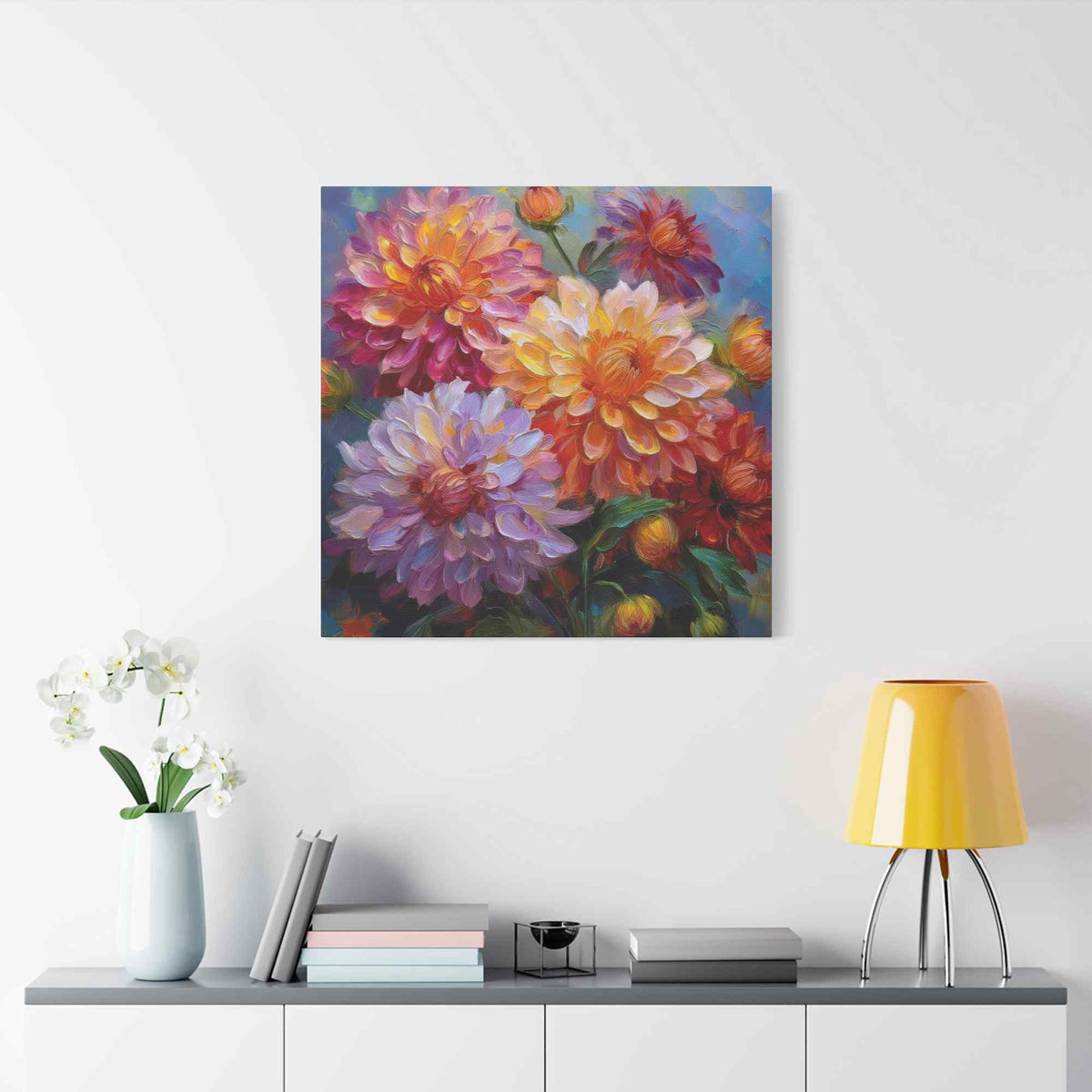 Dahlias Floral Print Canvas, Floral Oil Paint Print 20x20, 24x24, 30x30, 32x32, 36x36 Art Design Pine-Wood Inner Frame MC-165