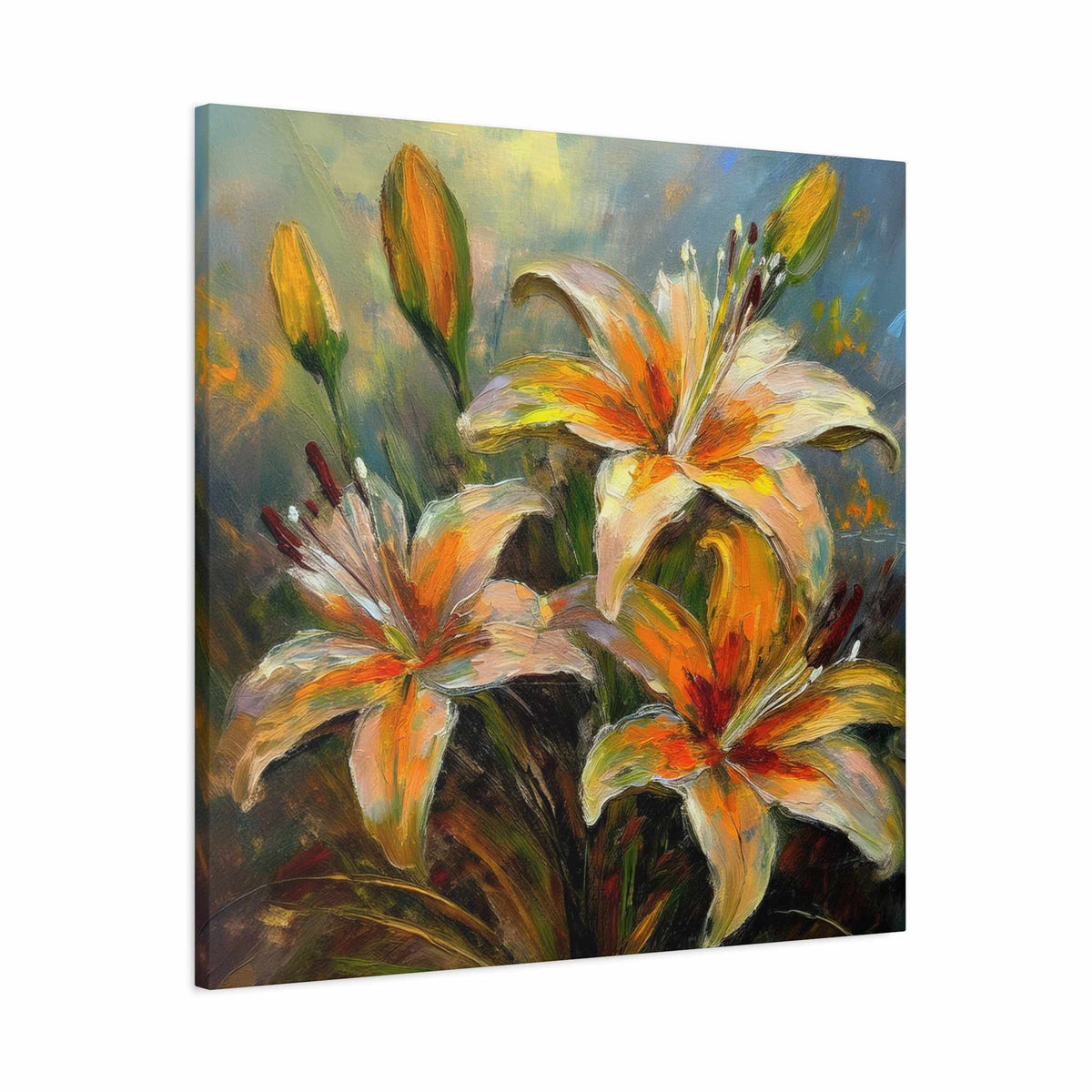 Gold Lilies Print Canvas, Floral Oil Paint Print 20x20, 24x24, 30x30, 32x32, 36x36 Art Design Pine-Wood Inner Frame MC-152