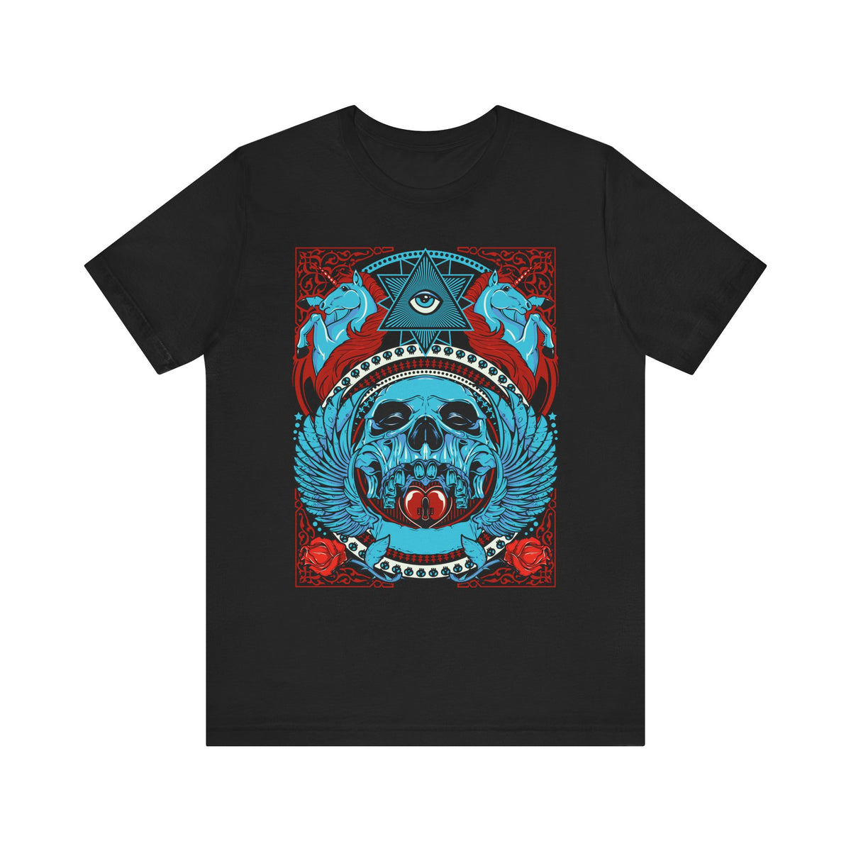All-Seeing Skull Illustration Tee Winged Skull Third Eye Roses T-Shirt
