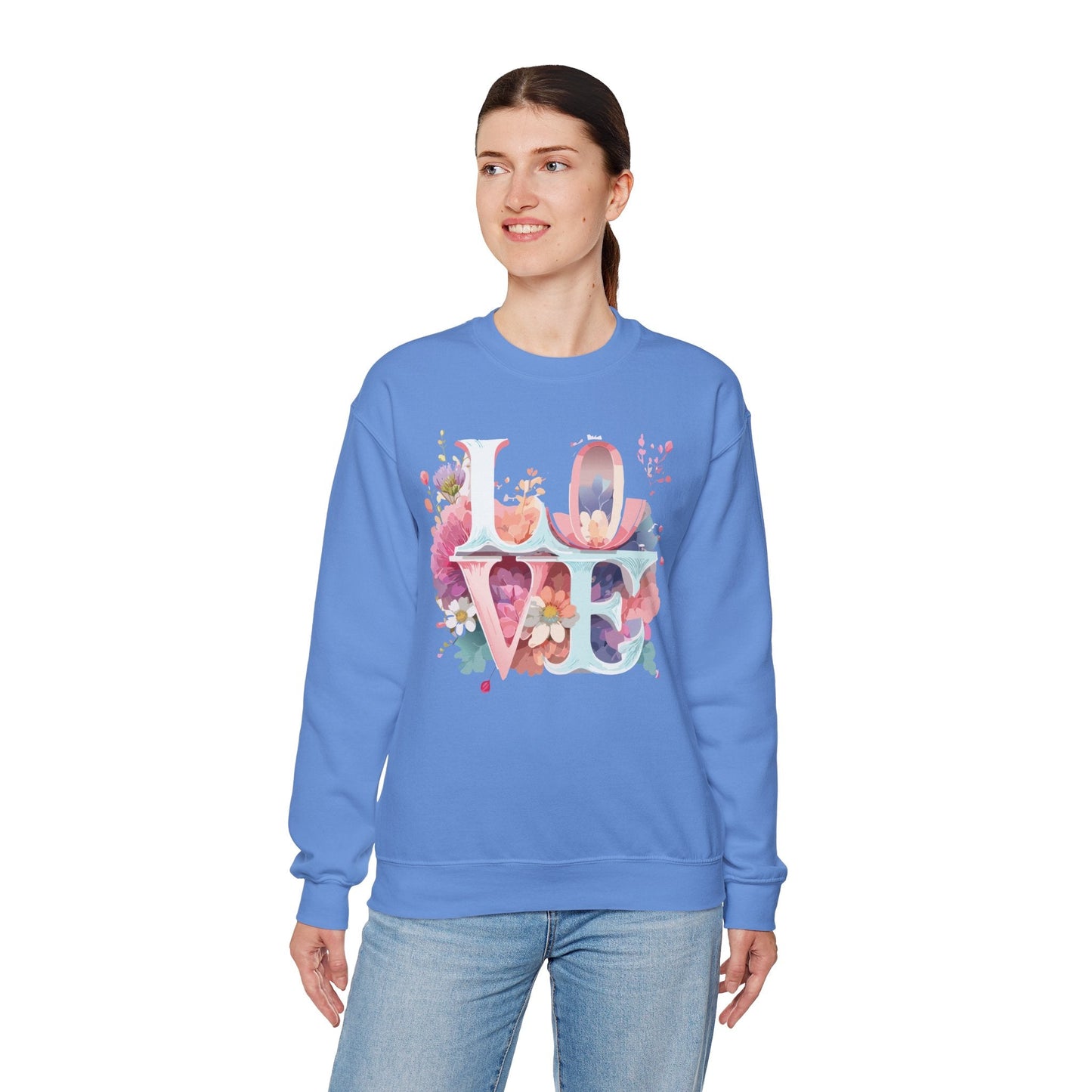 Floral Love Sweatshirt Valentines Day Flower Print Unisex Crewneck Heavy Blend Cotton Polyester