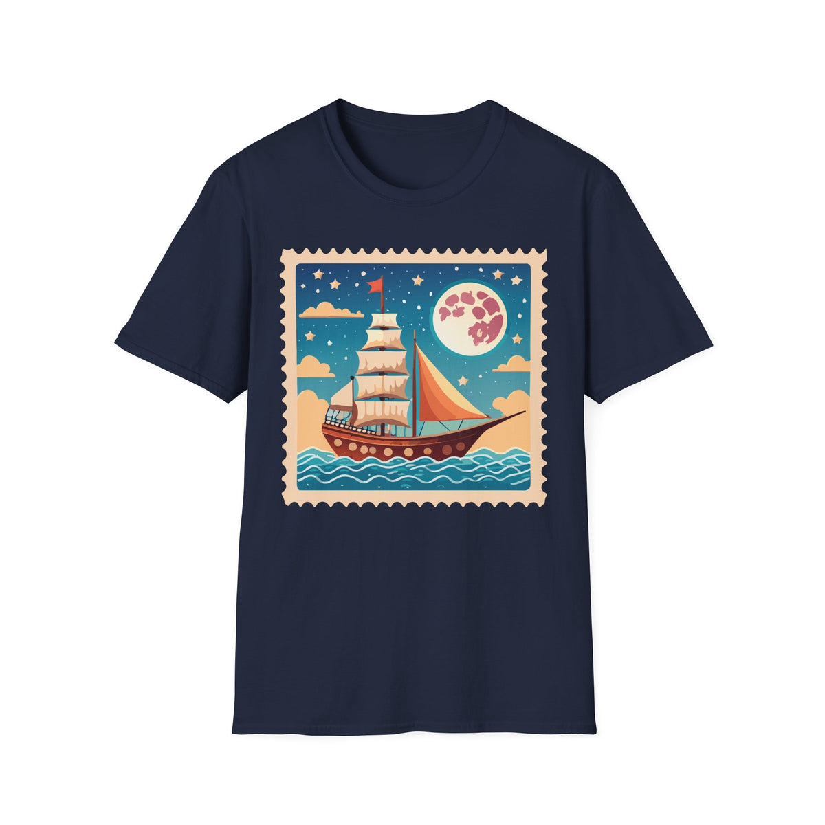 Sailboat Night Scene T-Shirt | Retro Nautical Moon Illustration