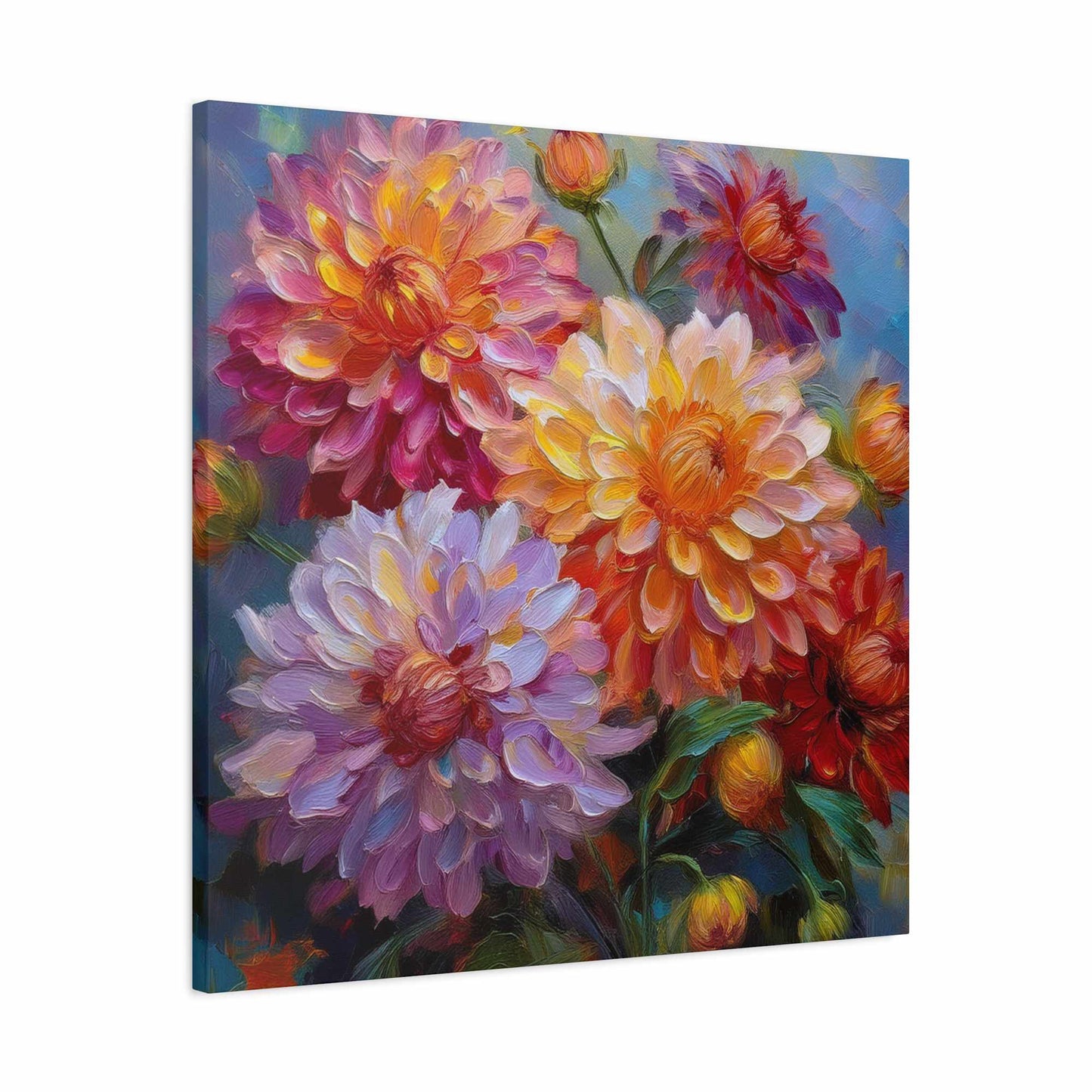 Dahlias Floral Print Canvas, Floral Oil Paint Print 20x20, 24x24, 30x30, 32x32, 36x36 Art Design Pine-Wood Inner Frame MC-165