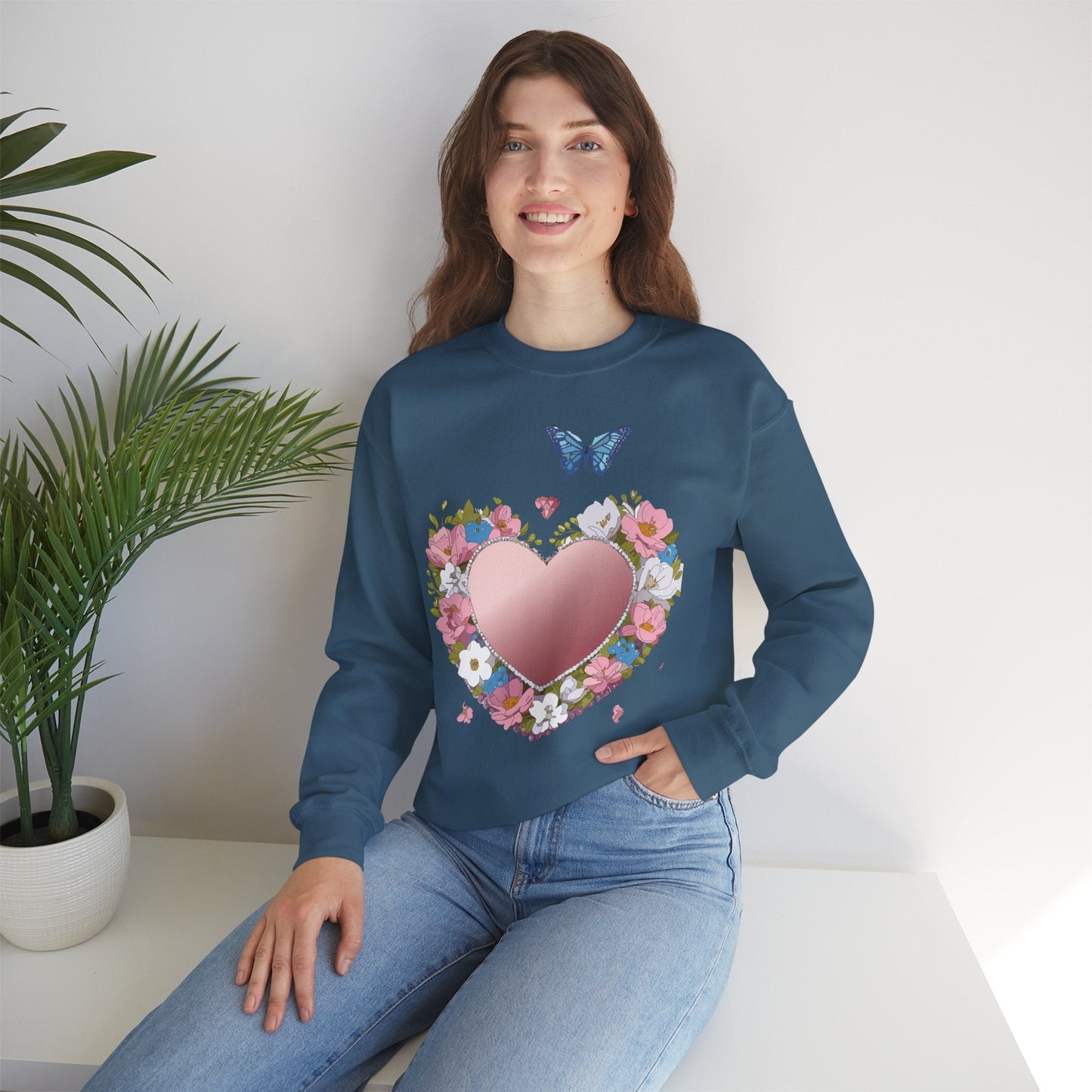 Unisex Floral Heart Sweatshirt Valentines Day Love Crewneck Gildan 18000 50/50 Cotton Polyester