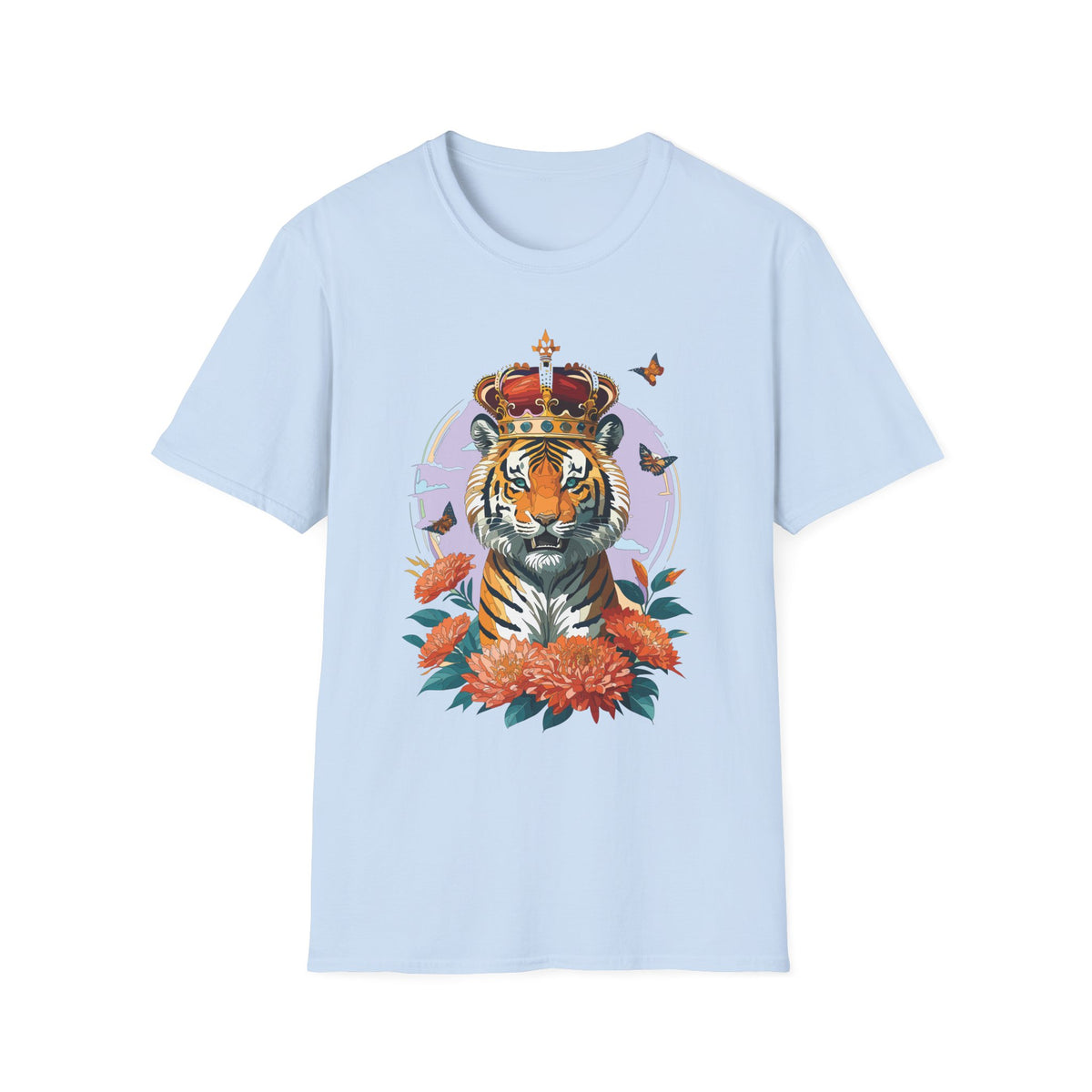 Tiger with Crown T-Shirt | Regal Tiger Artwork, Floral Accents - Unisex 100 Cotton Gildan 64000