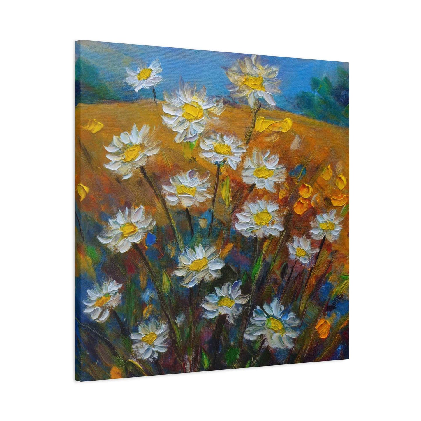 White Daisies Print Canvas, Floral Oil Paint Print 20x20, 24x24, 30x30, 32x32, 36x36 Art Design Pine-Wood Inner Frame MC-126
