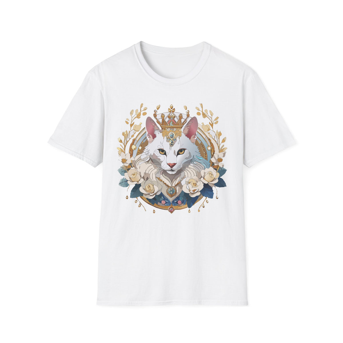 Regal White Cat Illustration T-Shirt | Crowned Feline, Floral Frame