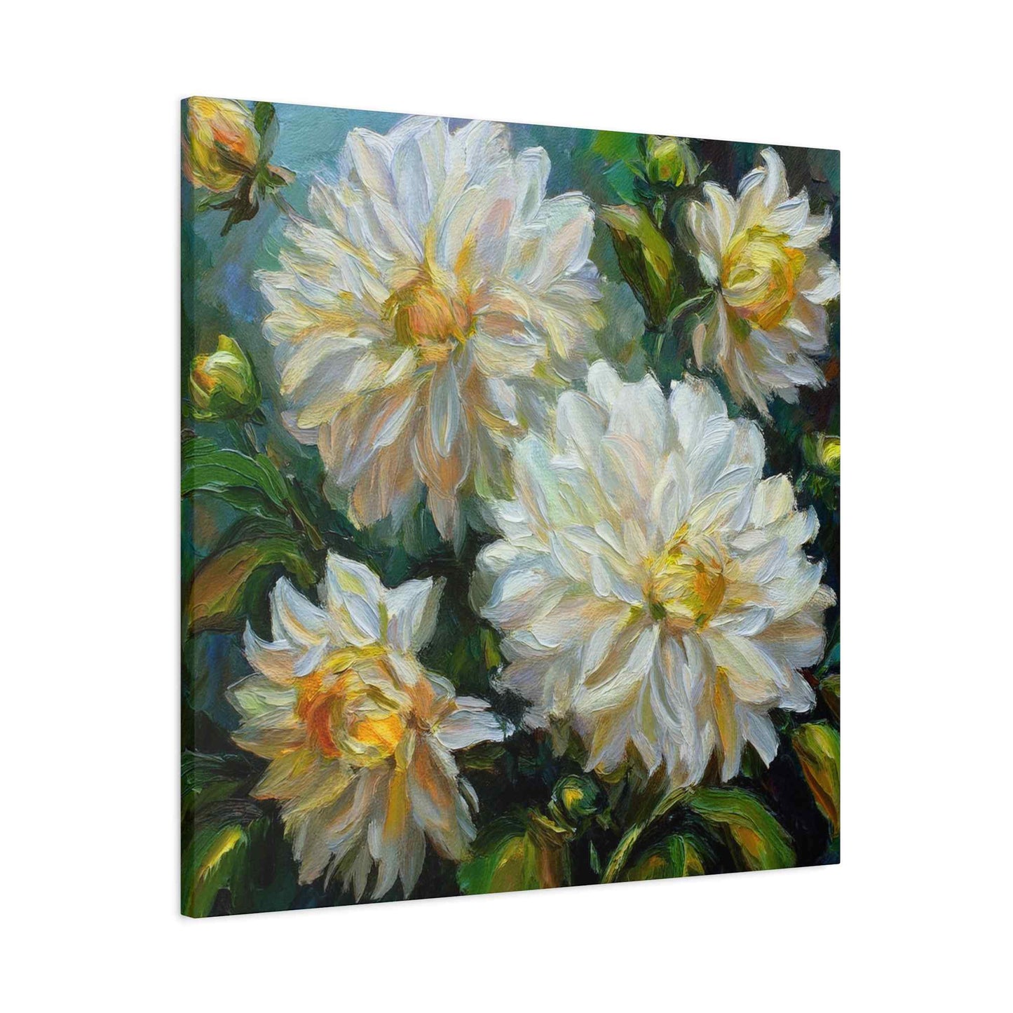 White Dahlias Print Canvas, Floral Oil Paint Print 20x20, 24x24, 30x30, 32x32, 36x36 Art Design Pine-Wood Inner Frame MC-169