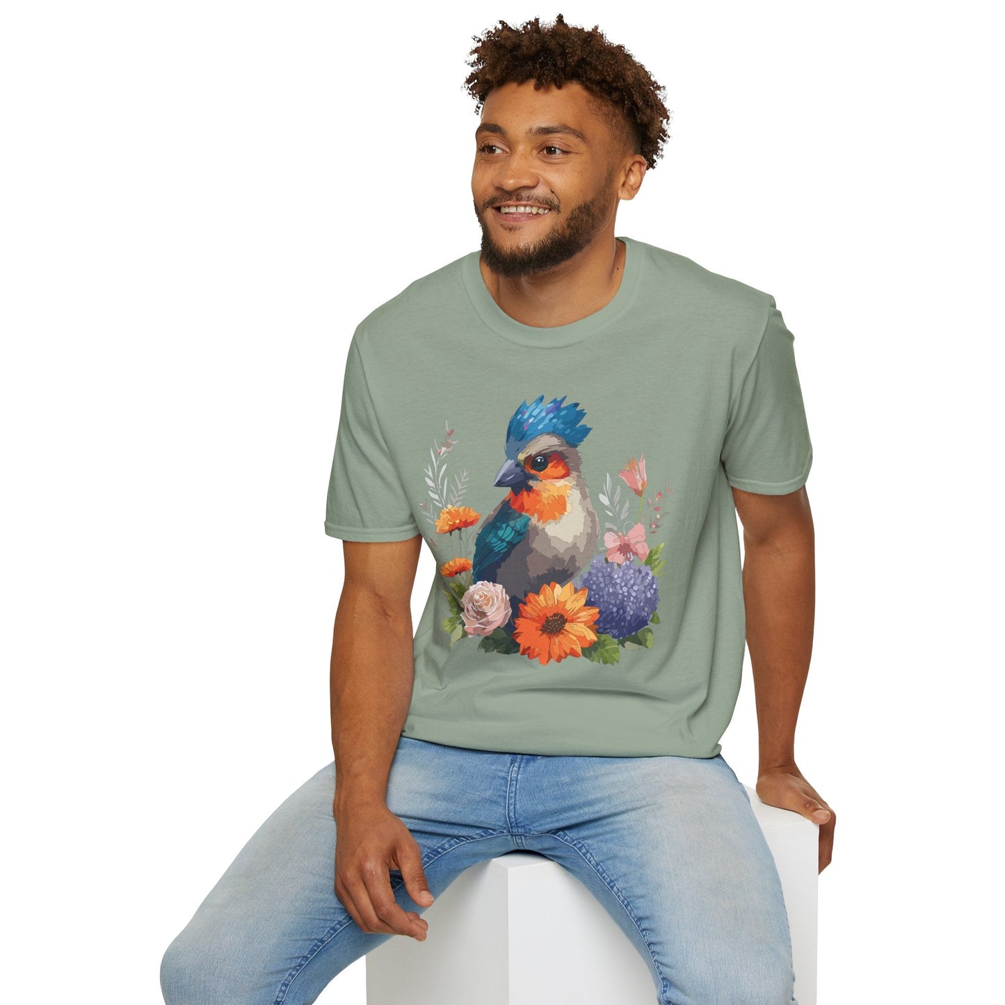 Floral Bird T Shirt Unisex Softstyle Tee 100 Percent Ring Spun Cotton Gildan 64000