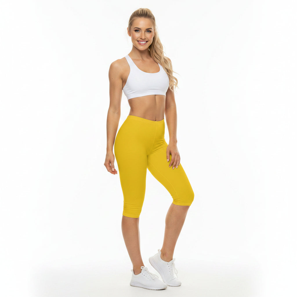 Golden Yellow Color Women's Brushed Suede Poly Span Casual Capri Leggings XS-2XL