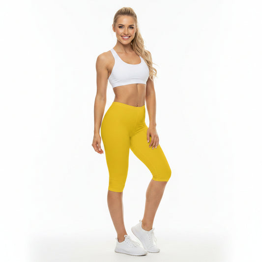 Golden Yellow Color Women's Brushed Suede Poly Span Casual Capri Leggings XS-2XL