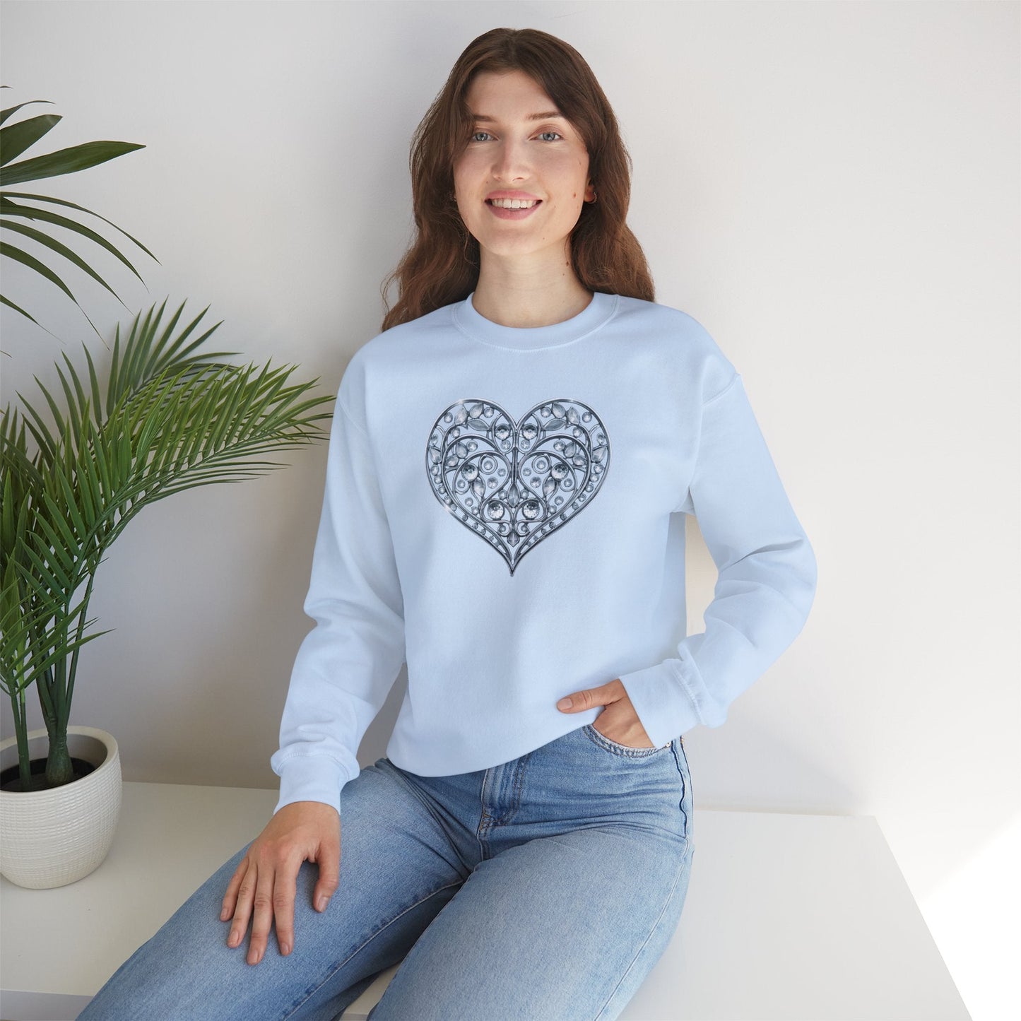 Big Crystal Heart Sweatshirt Unisex Fifty Fifty Cotton Poly Crewneck Valentines Day Sweatshirt