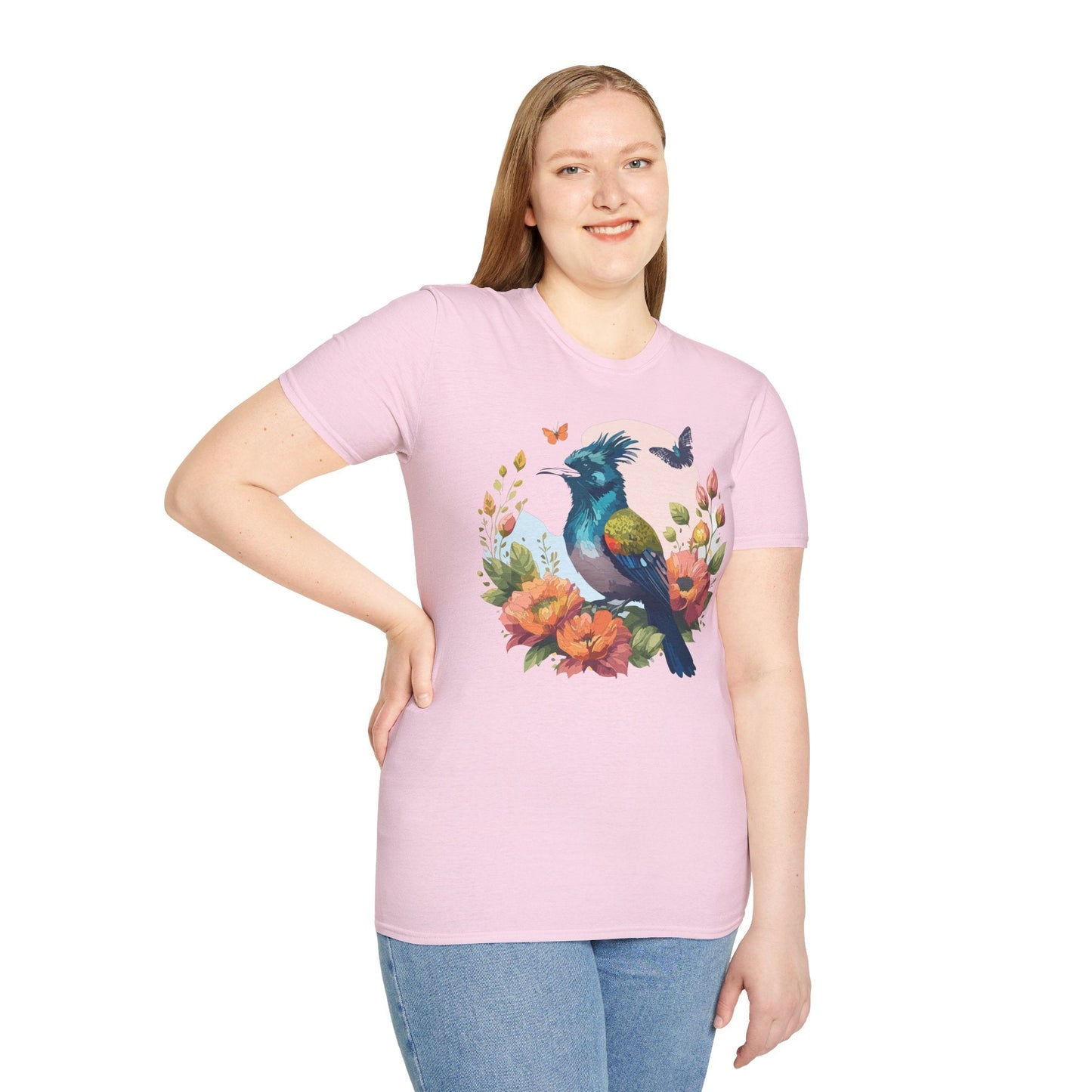 Floral Bird T Shirt Unisex Tee 100 Percent Ring Spun Cotton Softstyle Gildan 64000 Comfort Fit