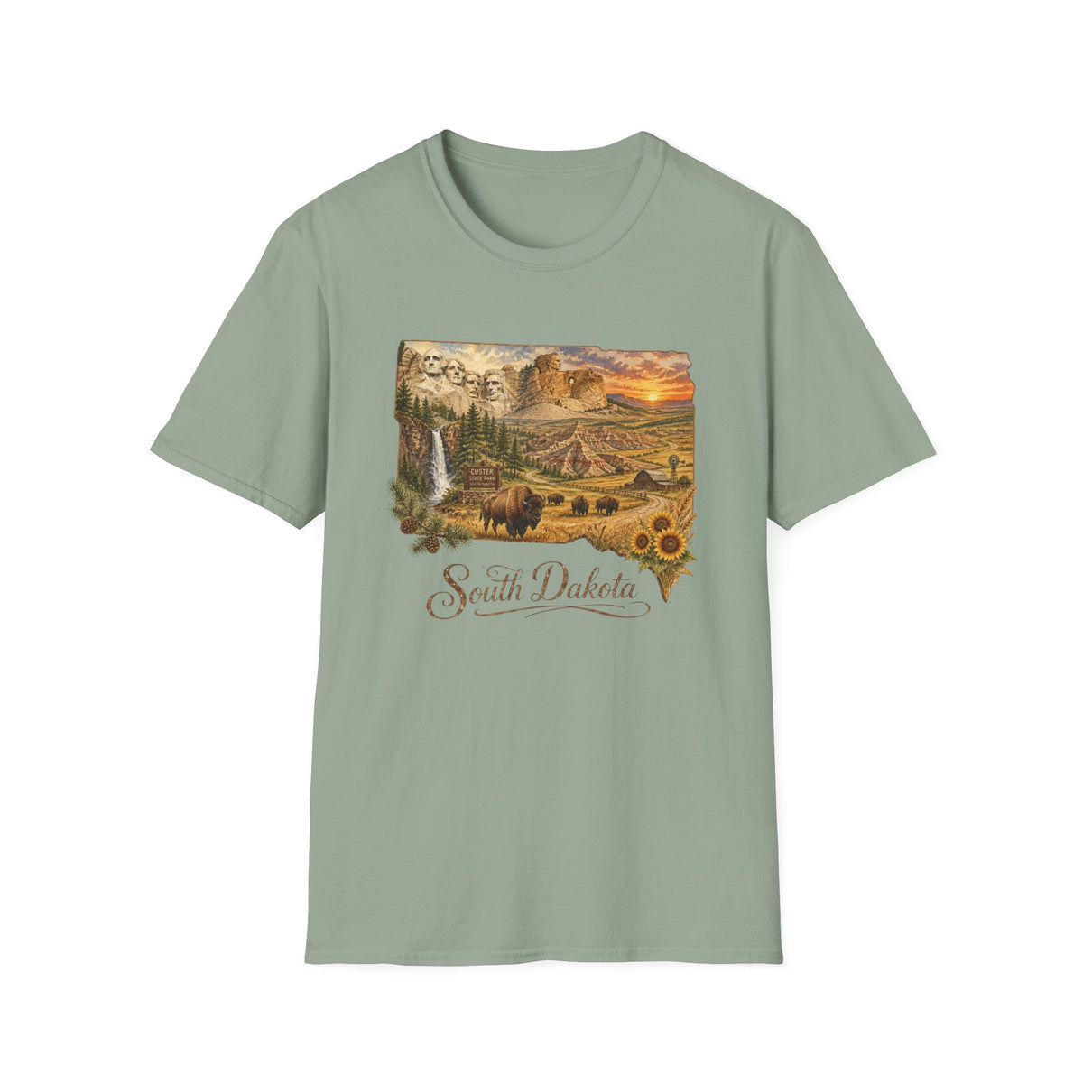 South Dakota Scenic T-Shirt — State Landscape Sunset Travel Tourist Graphic Design Unisex 100 Cotton Gildan T-Shirt