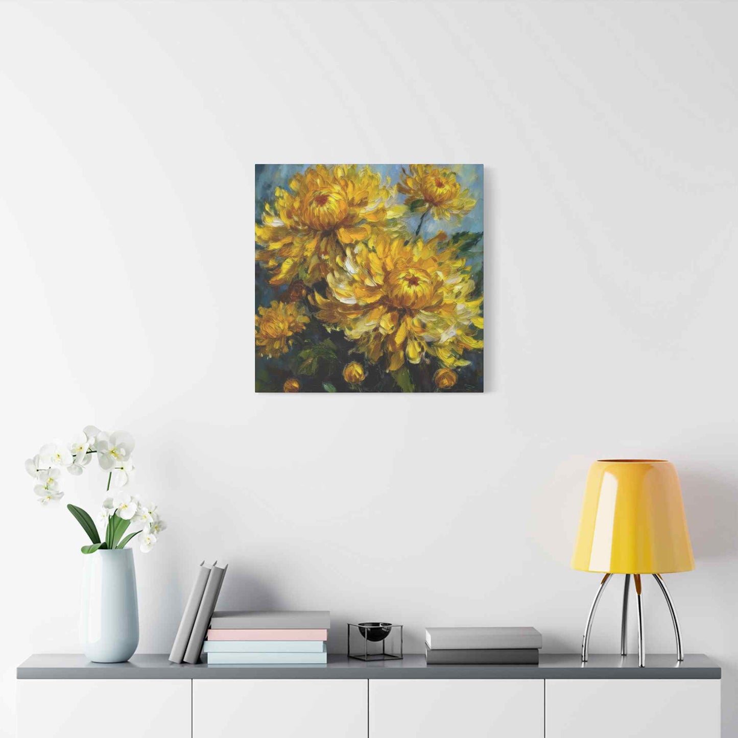Chrysanthemums Print Canvas, Floral Oil Paint Print 20x20, 24x24, 30x30, 32x32, 36x36 Art Design Pine-Wood Inner Frame MC-163