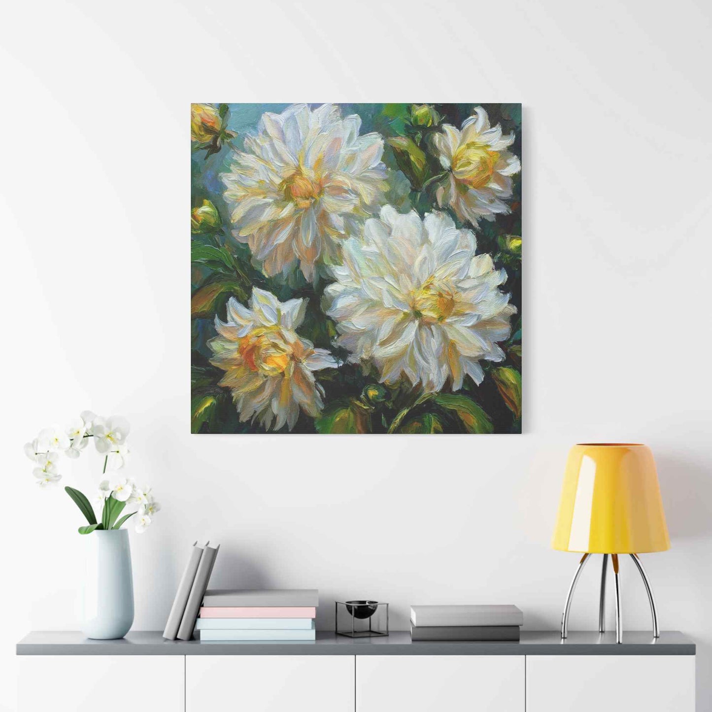 White Dahlias Print Canvas, Floral Oil Paint Print 20x20, 24x24, 30x30, 32x32, 36x36 Art Design Pine-Wood Inner Frame MC-169