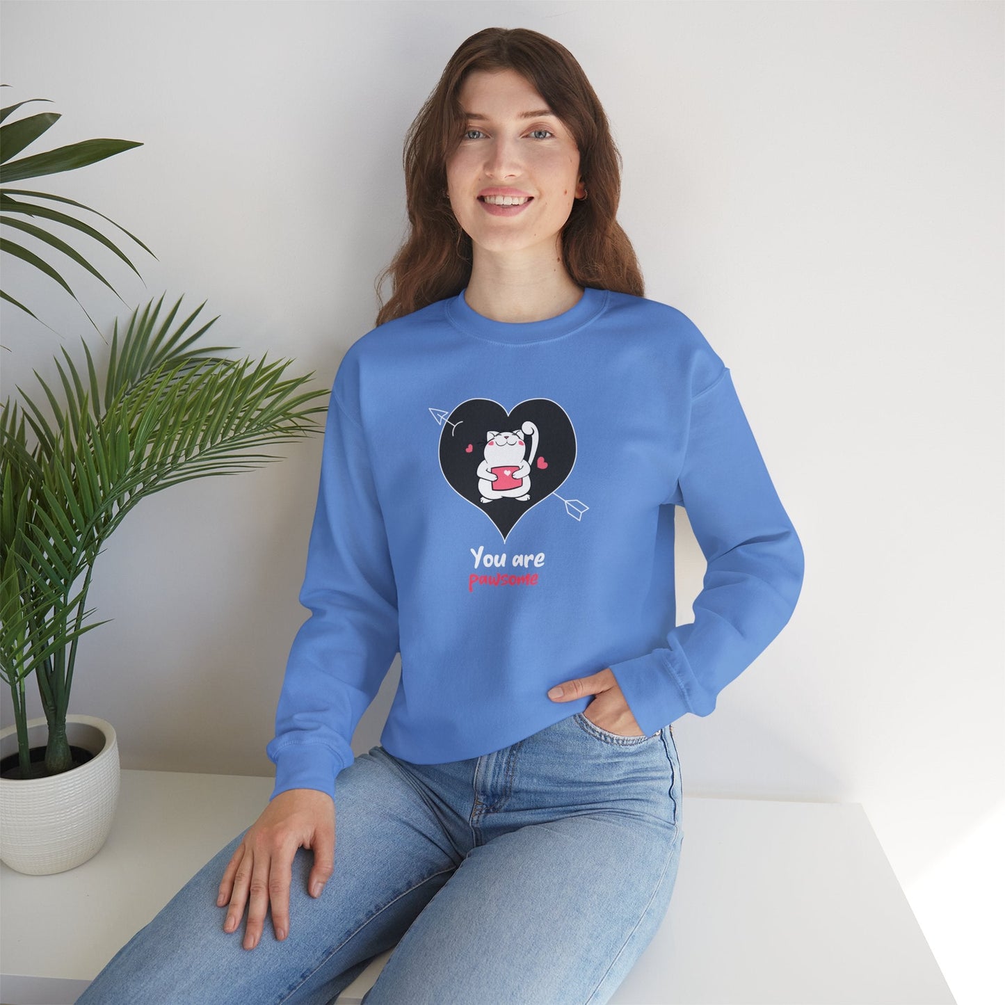 Cat Heart Sweatshirt Unisex Valentines Day Fifty Fifty Cotton Poly Crewneck Gildan 18000