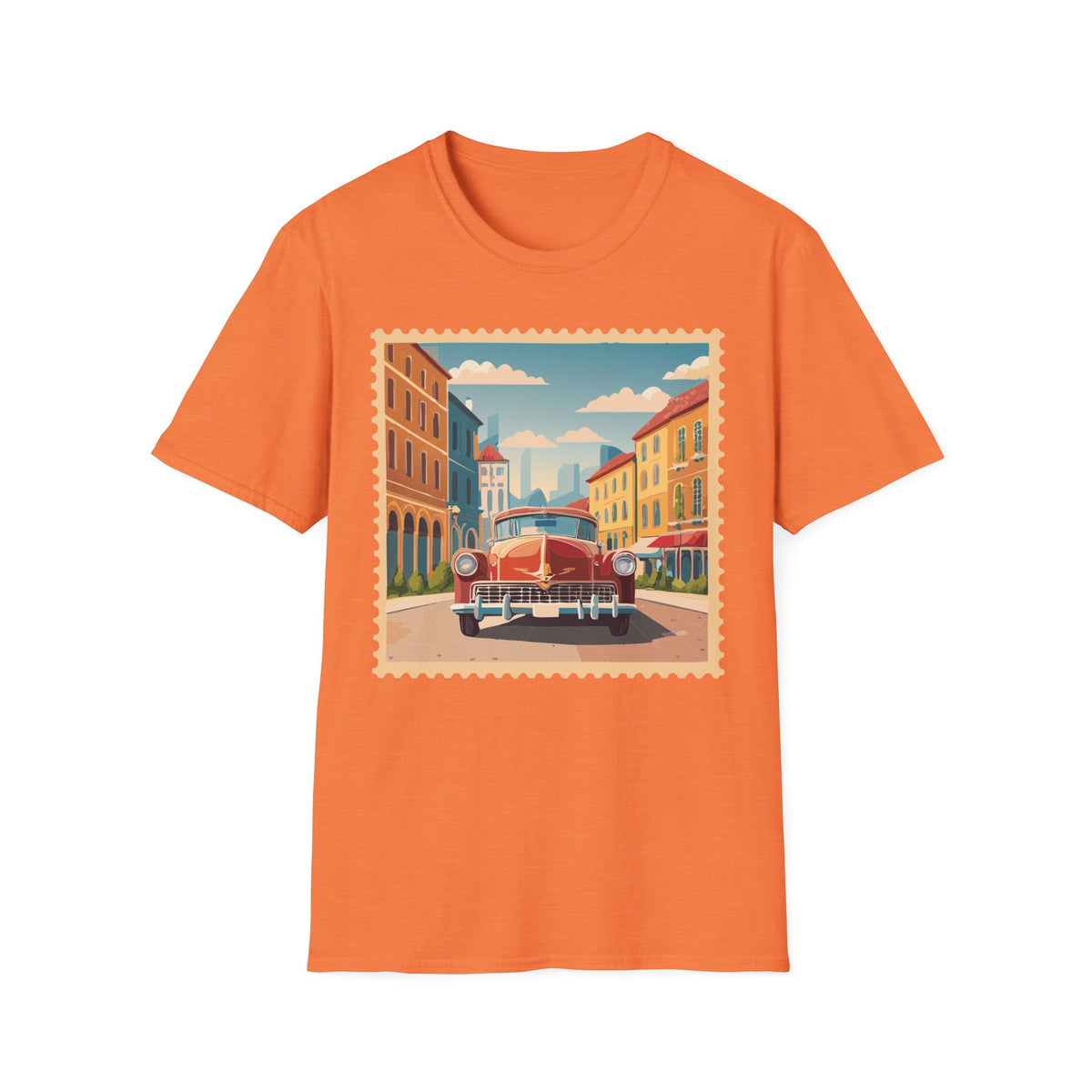 Vintage Cityscape Stamp T-Shirt | Retro Car Street Graphic Tee Unisex 100 Cotton Gildan T-Shirt