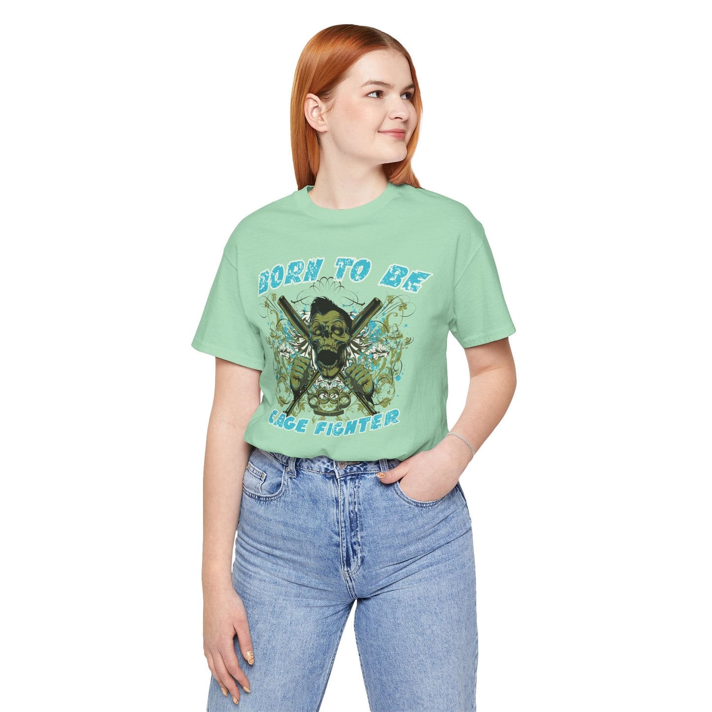 Born To Be Cage Fighter Tee Skull Crossed Knives Graphic T-Shirt