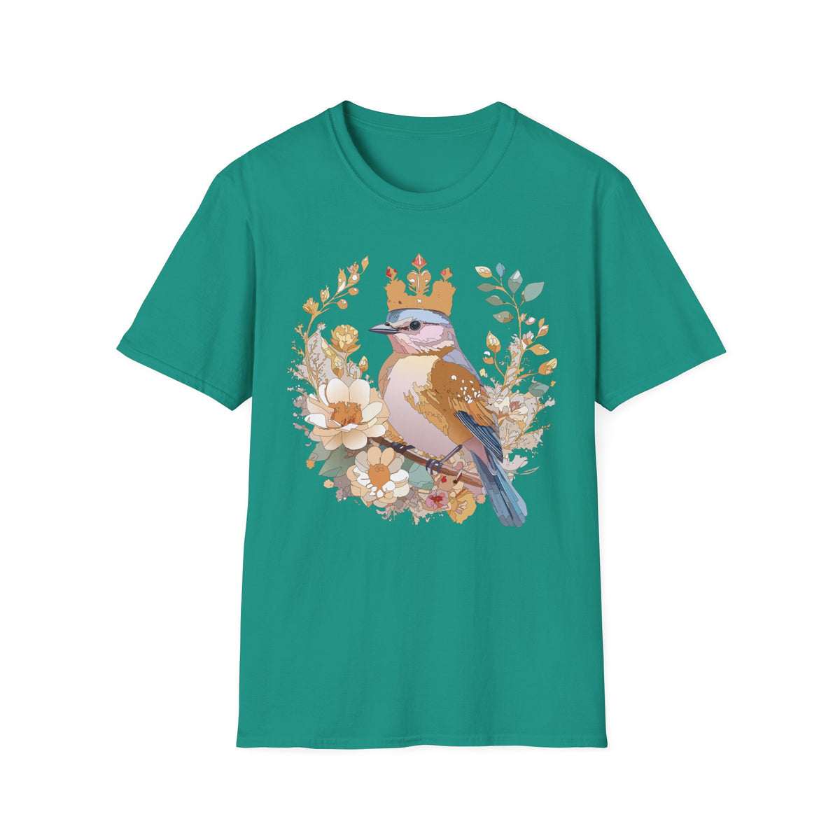 Crowned Blue Jay Bird Floral Illustration T-Shirt | Nature Bird Tee