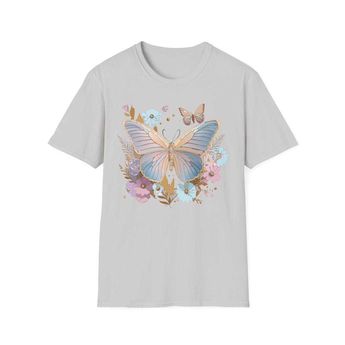 Butterfly Bloom T-Shirt — Pastel Floral Butterfly Graphic Design Unisex 100 Cotton Gildan T-Shirt