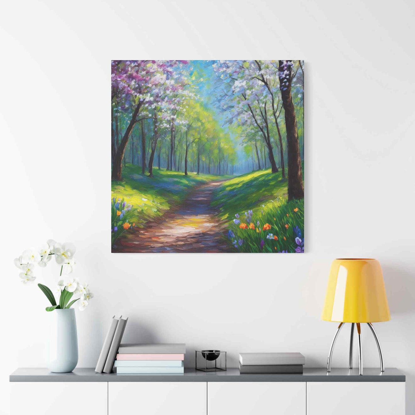 Spring Forest Print Canvas, Oil Paint Print 20x20, 24x24, 30x30, 32x32, 36x36 Art Design Print Pine-Wood Inner Frame MC-95
