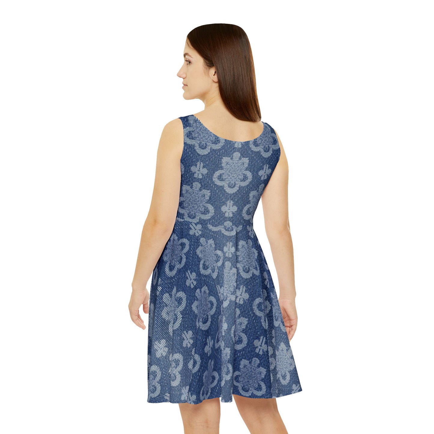 Women Denim Print Skater Dress, Denim Print Poly-Span Dress - 25