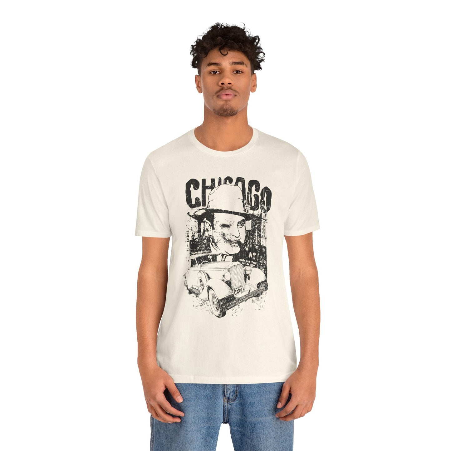 Chicago Retro Mobster Illustration Tee Vintage Car Cityscape Art Design T-Shirt A-8