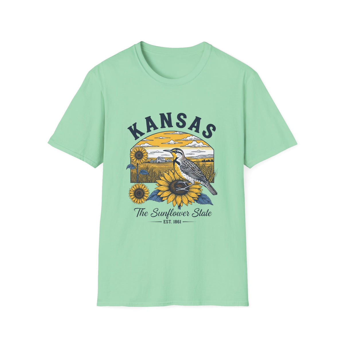 Kansas Sunflower State T-Shirt — Meadowlark Sunflowers Travel Tourist Graphic Design Unisex 100 Cotton Gildan T-Shirt
