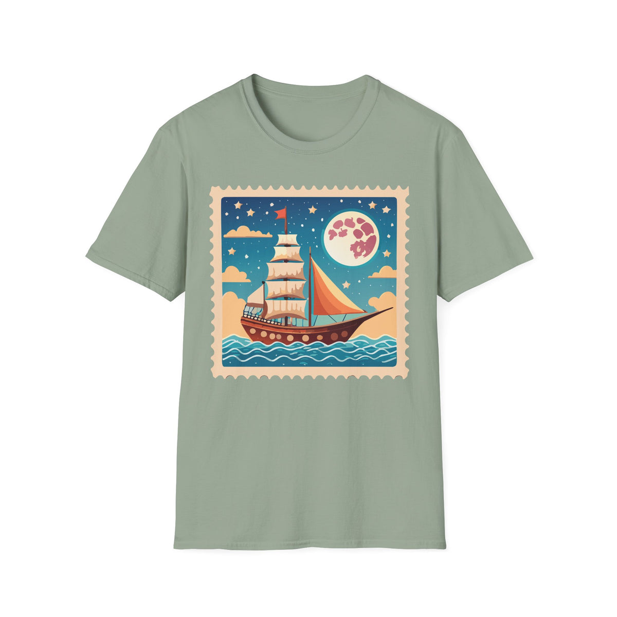 Sailboat Night Scene T-Shirt | Retro Nautical Moon Illustration