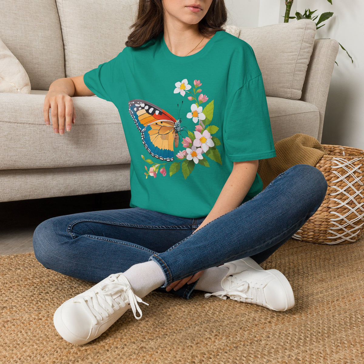 Butterfly Floral T-Shirt — Colorful Monarch with Blossoms Graphic Design Unisex 100 Cotton Gildan T-Shirt