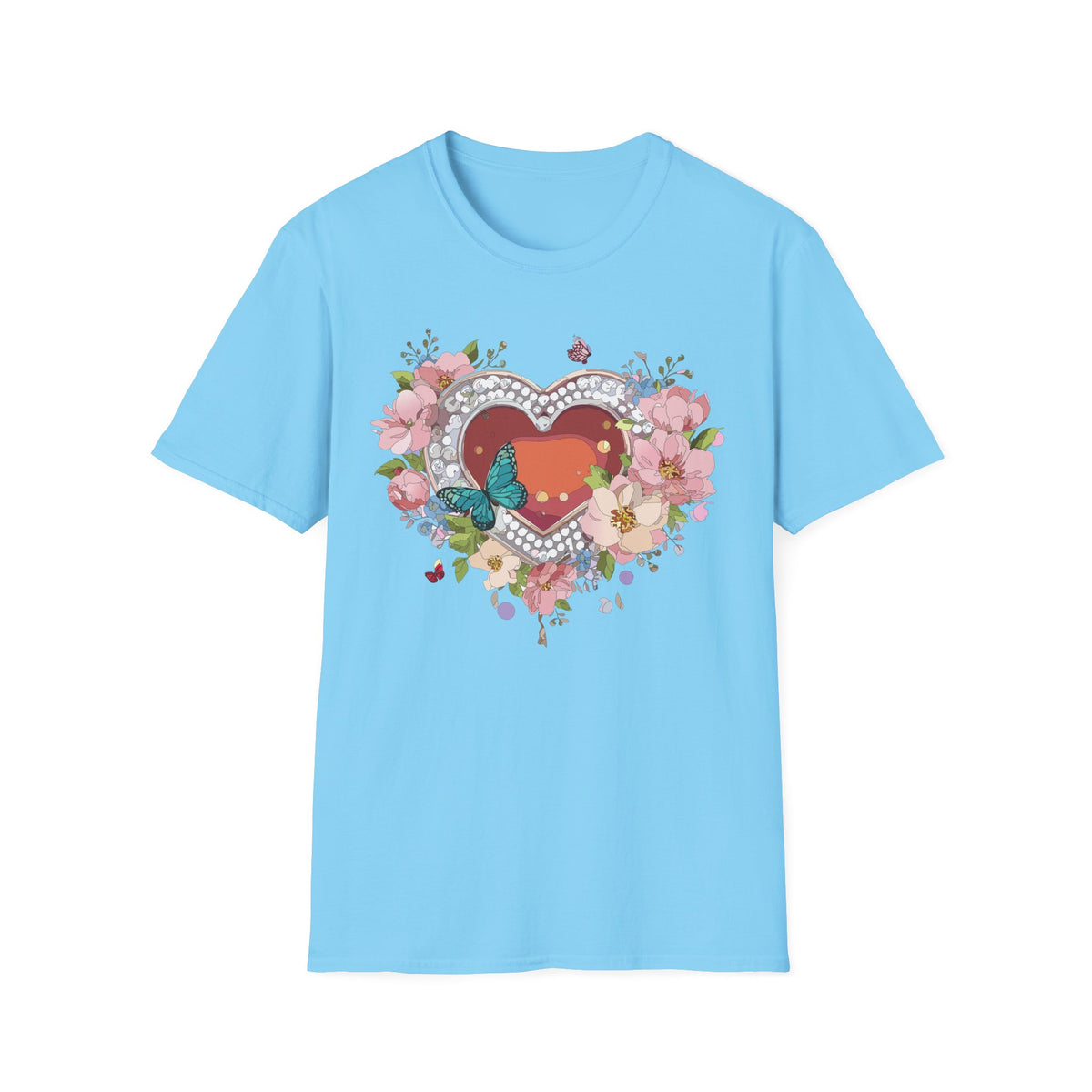 Heart with Floral Wreath and Butterfly T-Shirt | Romantic Floral Tee