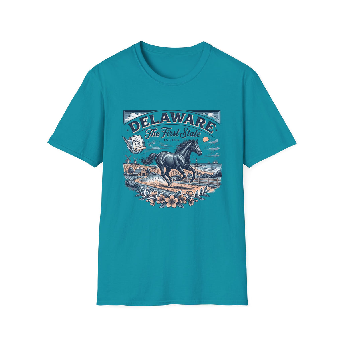 Delaware The First State Horse Travel Tourist Graphic Tee Unisex 100 Cotton Gildan T-Shirt