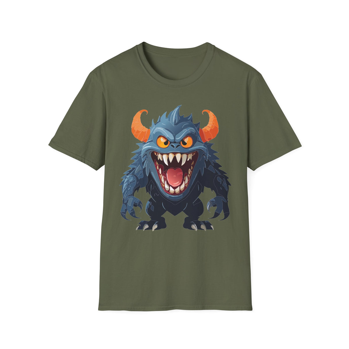 Monster Graphic T-Shirt — Fierce Blue Horned Creature Cartoon Graphic Tee Unisex 100 Cotton Gildan T-Shirt