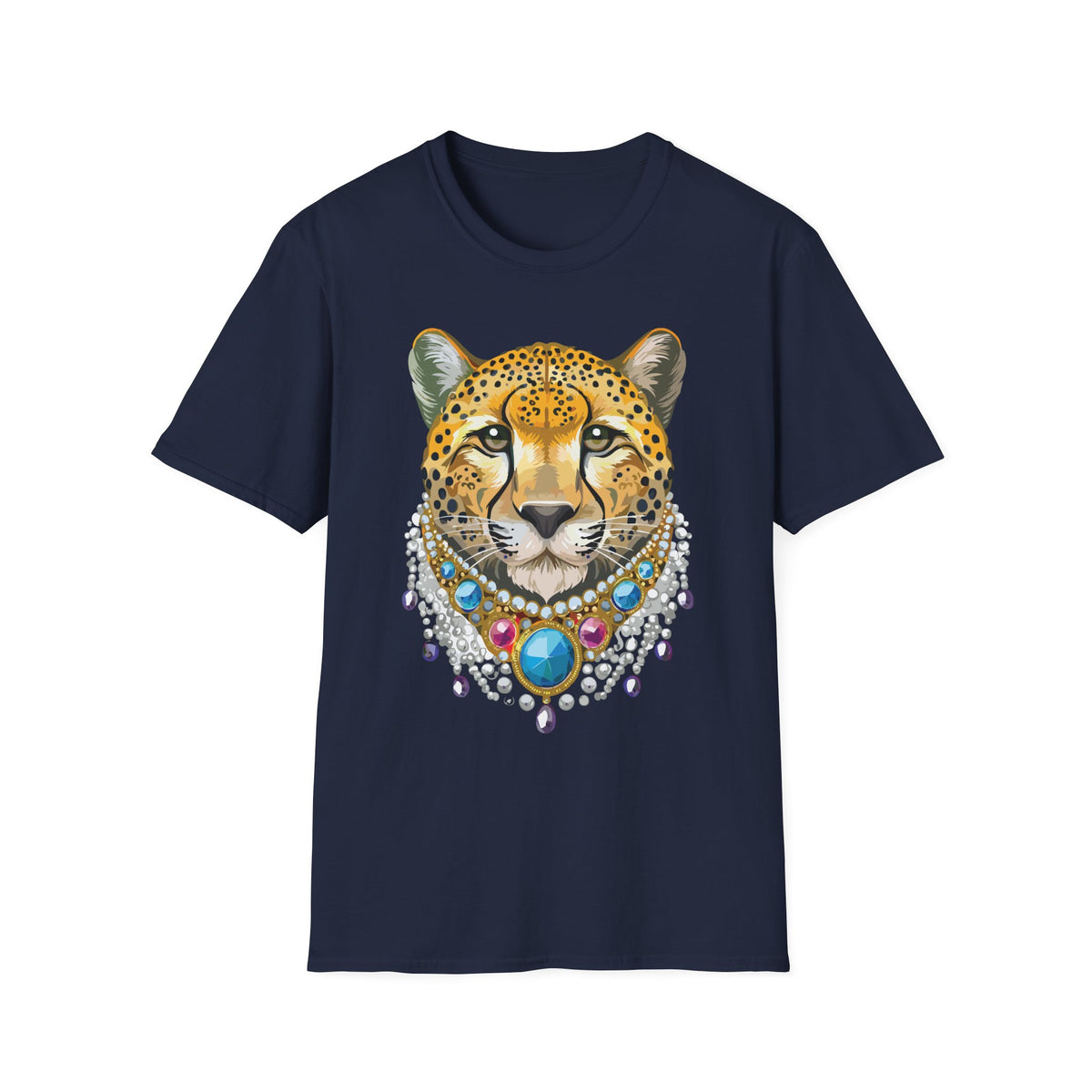 Leopard Portrait T-Shirt | Detailed Cheetah Face with Gem Necklace