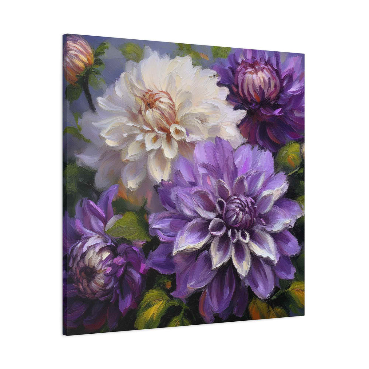 Dahlias Floral Print Canvas, Floral Oil Paint Print 20x20, 24x24, 30x30, 32x32, 36x36 Art Design Pine-Wood Inner Frame MC-172