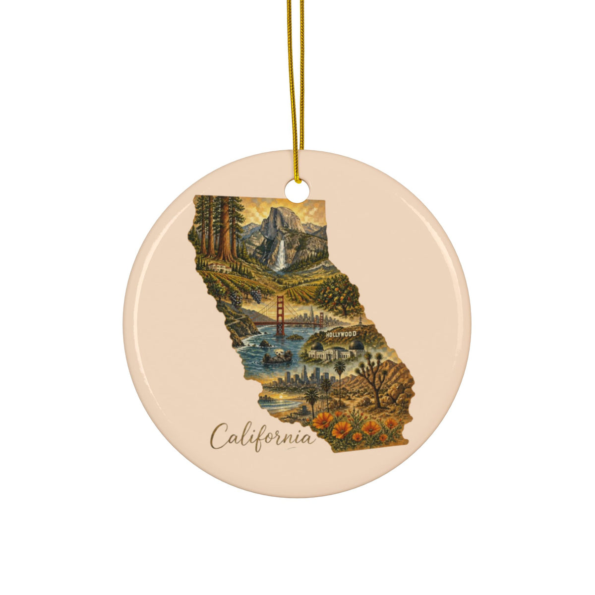 California state map floral illustration Ornament | Ceramic round holiday decor - 2.99" Includes Gold String
