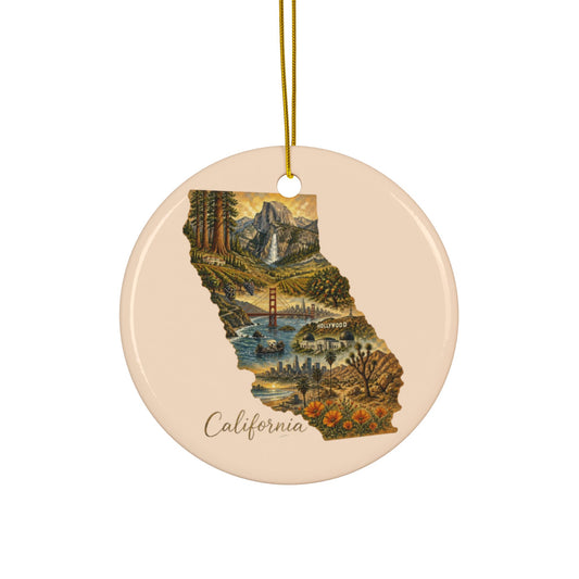 California state map floral illustration Ornament | Ceramic round holiday decor - 2.99" Includes Gold String