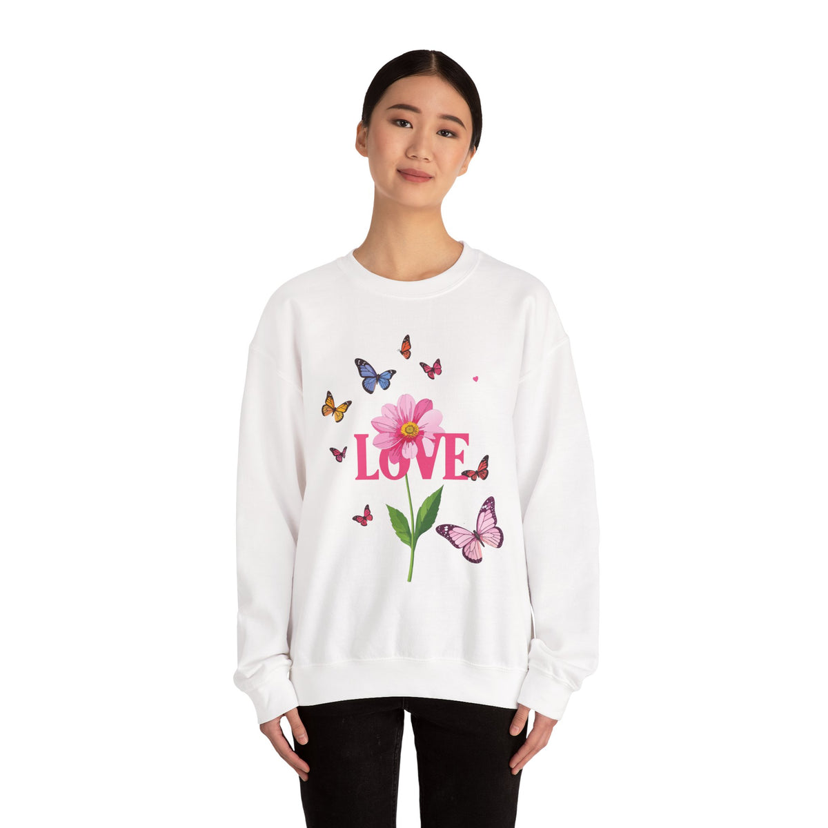 Unisex Floral Love Sweatshirt, Love Floral Sweatshirt, Floral Butterfly Sweatshirt, 50/50 Cotton-Poly Valentine's Day Sweatshirt 01