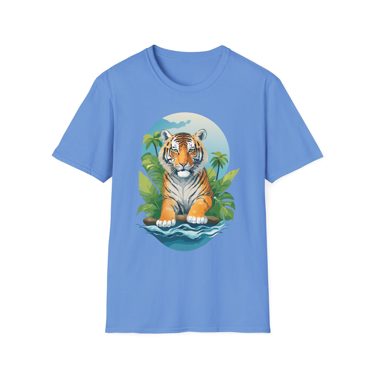 Tropical Tiger Illustration T-Shirt | Jungle Palm Sunset Tee