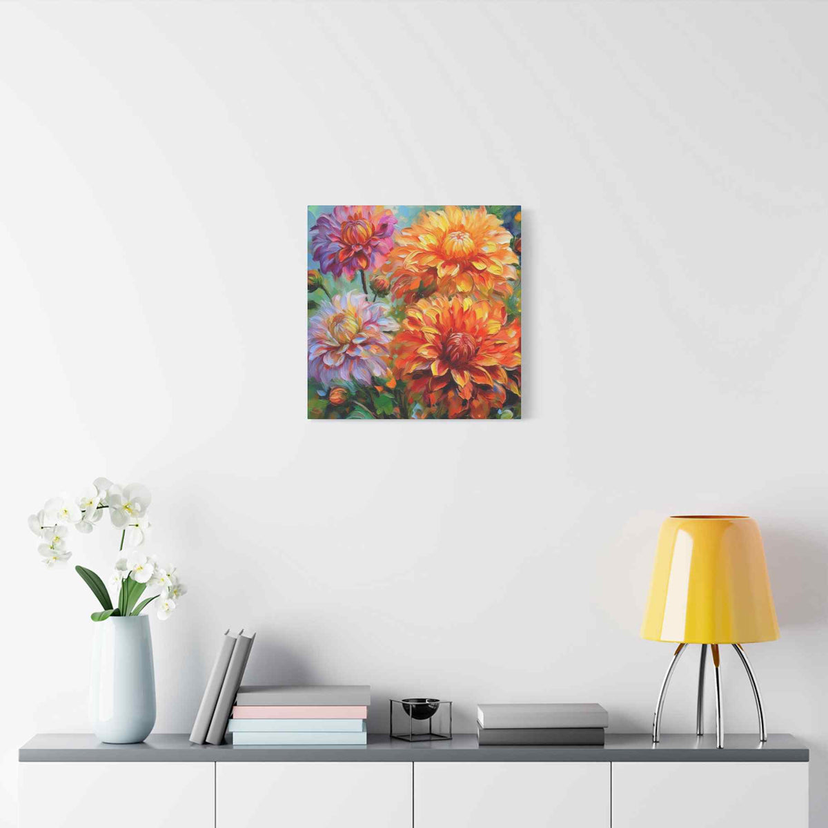 Dahlias Floral Print Canvas, Floral Oil Paint Print 20x20, 24x24, 30x30, 32x32, 36x36 Art Design Pine-Wood Inner Frame MC-166