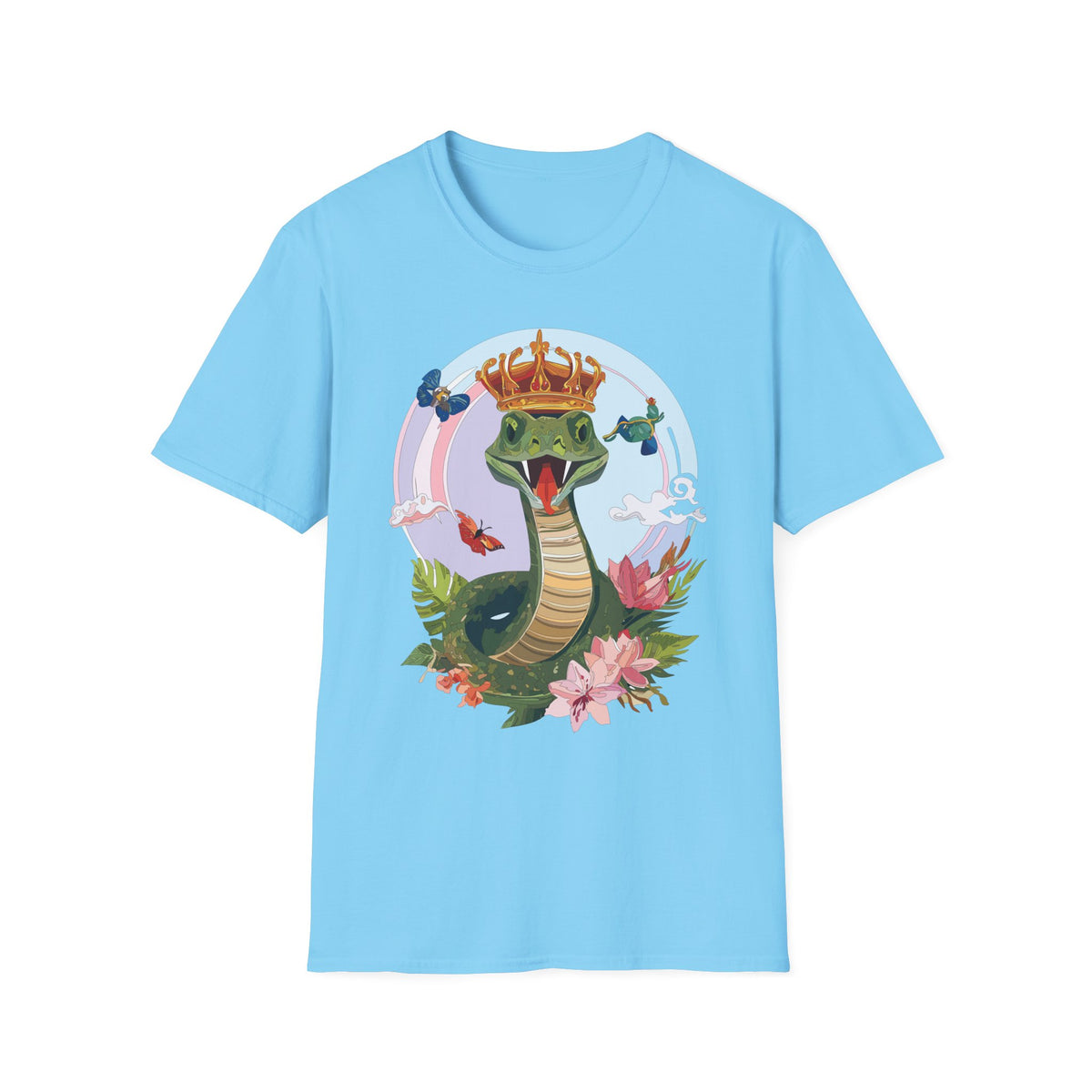 Crowned Snake Illustration T-Shirt | Regal Snake with Crown and Butterflies