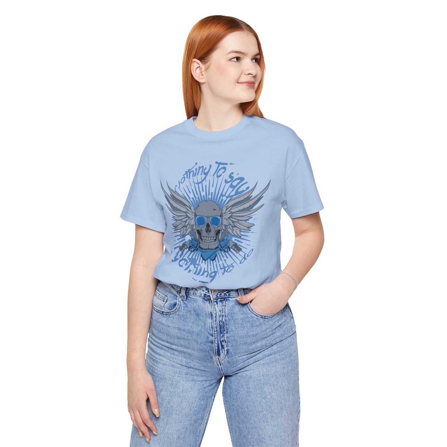 Winged Skull Graphic Tee | Blue Skull with Wings, Radiant Burst