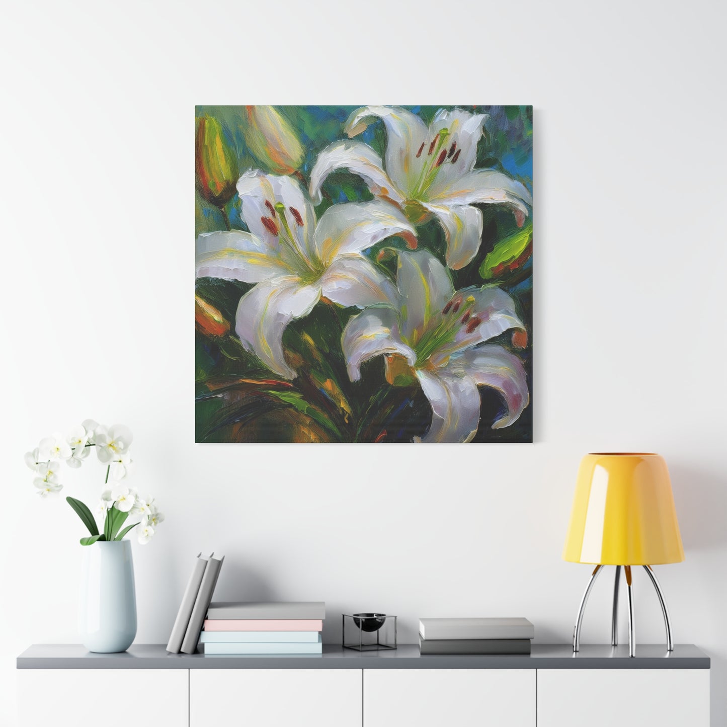 White Lilies Print Canvas, Floral Oil Paint Print 20x20, 24x24, 30x30, 32x32, 36x36 Art Design Pine-Wood Inner Frame MC-155