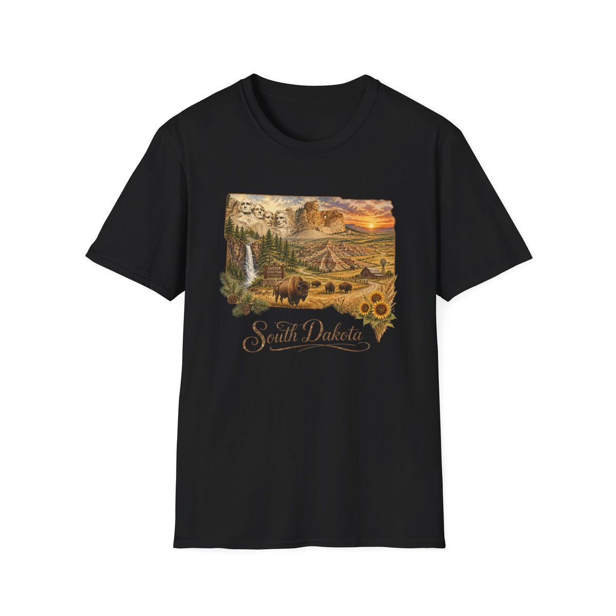 South Dakota Scenic T-Shirt — State Landscape Sunset Travel Tourist Graphic Design Unisex 100 Cotton Gildan T-Shirt