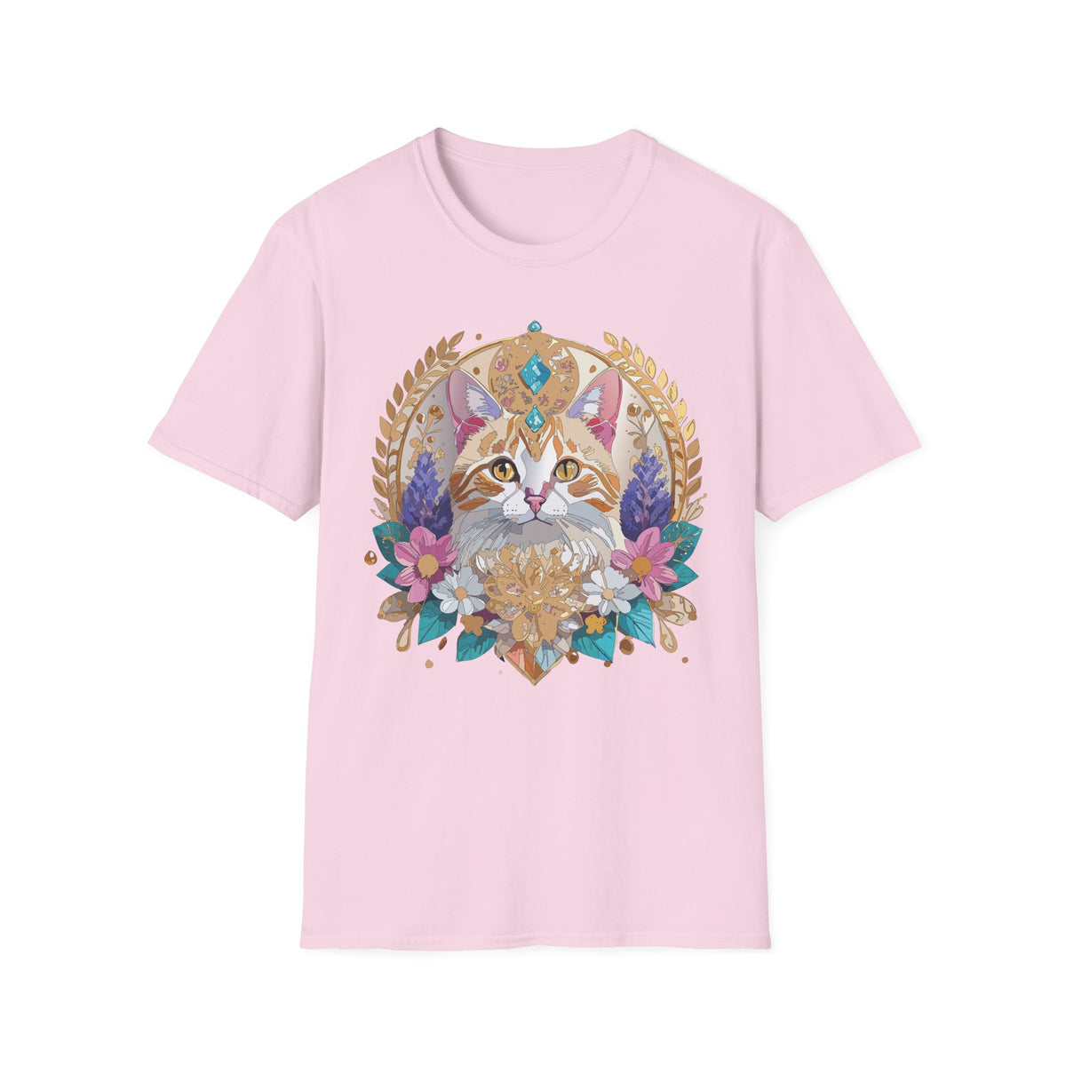Regal Cat Mandala T-Shirt | Boho Kitty Illustration, Floral Crescent