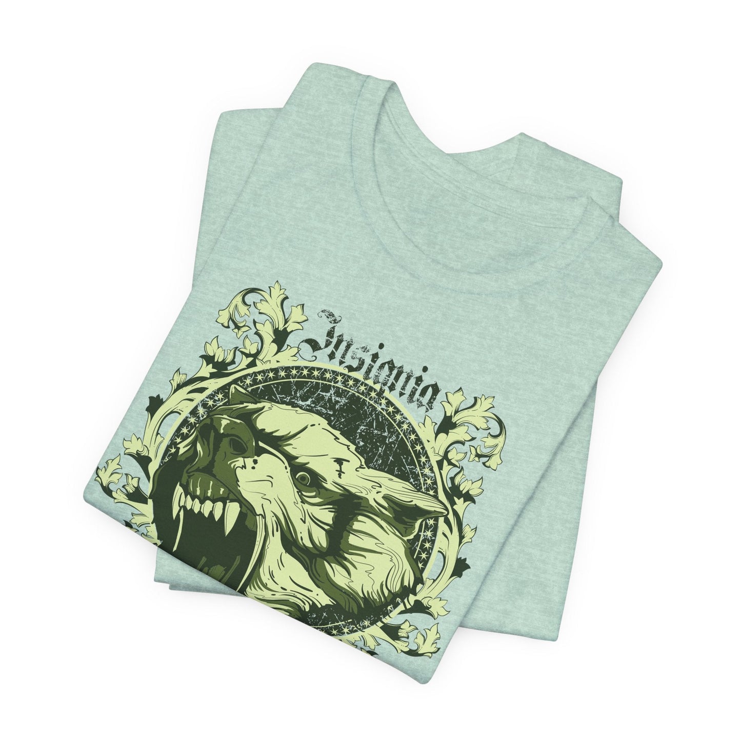 Howling Wolf Skull Tee Gothic Vintage Crest, Green Graphic Shirt Art-54